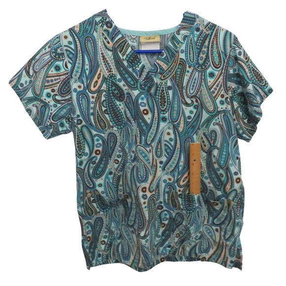 Tafford Scrub Top Women XS Green w/ Paisley And Flower Pattern & Pockets Medical - Picture 2 of 6